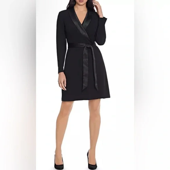 Adrianna Papell Elegant Black Dress with Satin Belt - Picture 1 of 12